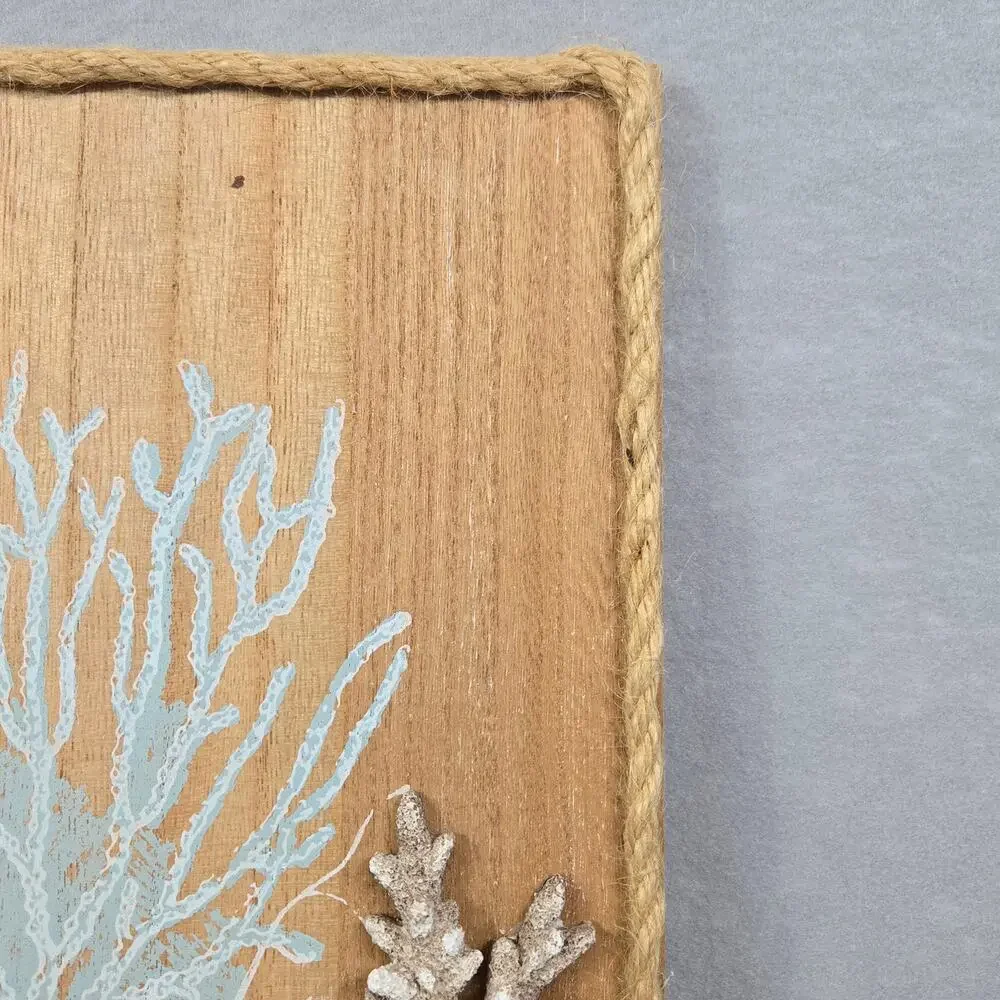 Wooden Coastal Wall Art Decor Rope Trim, Shells, Coral Prints 9.5